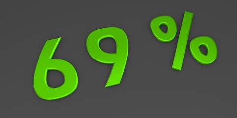 Green 3D sixty nine percent on a gray background. Rendering.