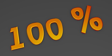 Orange 3D one hundred percent on a gray background. Rendering.