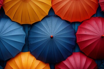A close-up of colorful umbrellas hanging on a blue wooden wall