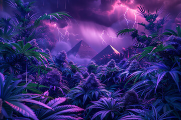 Surreal nightscape with pyramids, vibrant purple foliage, and dramatic lightning, creating a mystical and otherworldly atmosphere.