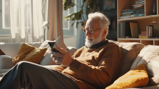 Senior man learning to use a smartphone in a sunny living room