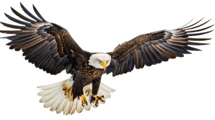 Obraz premium Eagle captured mid-flight with its talons reaching out, isolated against a white backdrop.