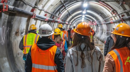 Fototapeta premium A group of students exploring an underground tunnel being constructed gaining an understanding of the inner workings and complexities of construction projects.
