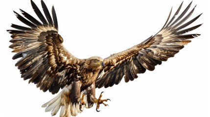 Obraz premium Eagle mid-flight with claws prominently displayed, showcasing its powerful wings against a white backdrop.