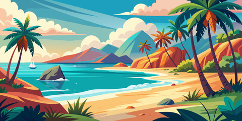 Vector illustration of abstract summer background with sea beach and sky. Tropical coast landscape with beautiful sea shore beach on a nice sunny day illustration 