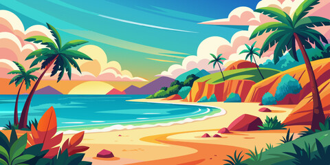 Vector illustration of abstract summer background with sea beach and sky. Tropical coast landscape with beautiful sea shore beach on a nice sunny day illustration 
