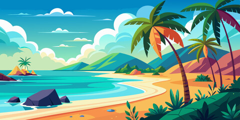 Vector illustration of abstract summer background with sea beach and sky. Tropical coast landscape with beautiful sea shore beach on a nice sunny day illustration 
