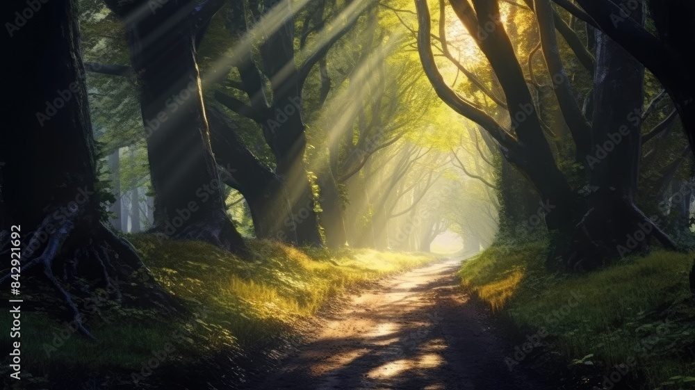 Poster enchanting forest pathway with beams of sunlight filtering through the trees, creating a mystical at