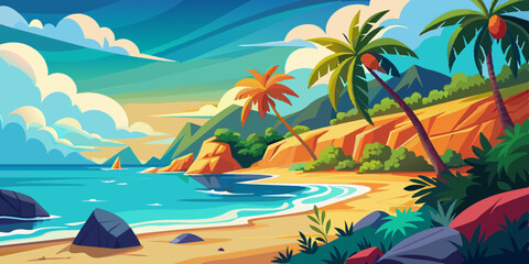 Vector illustration of abstract summer background with sea beach and sky. Tropical coast landscape with beautiful sea shore beach on a nice sunny day illustration 