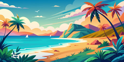 Vector illustration of abstract summer background with sea beach and sky. Tropical coast landscape with beautiful sea shore beach on a nice sunny day illustration 
