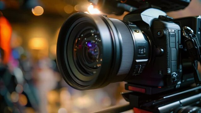 Professional cinema and video camera on the set. Shooting shift, equipment. Technique of modern filming and advertising. Behind the scenes of movie. Film production.