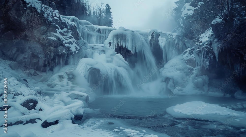 Poster a frozen waterfall with a hidden hot spring nestled behind it creating a dreamy misty atmosphere.