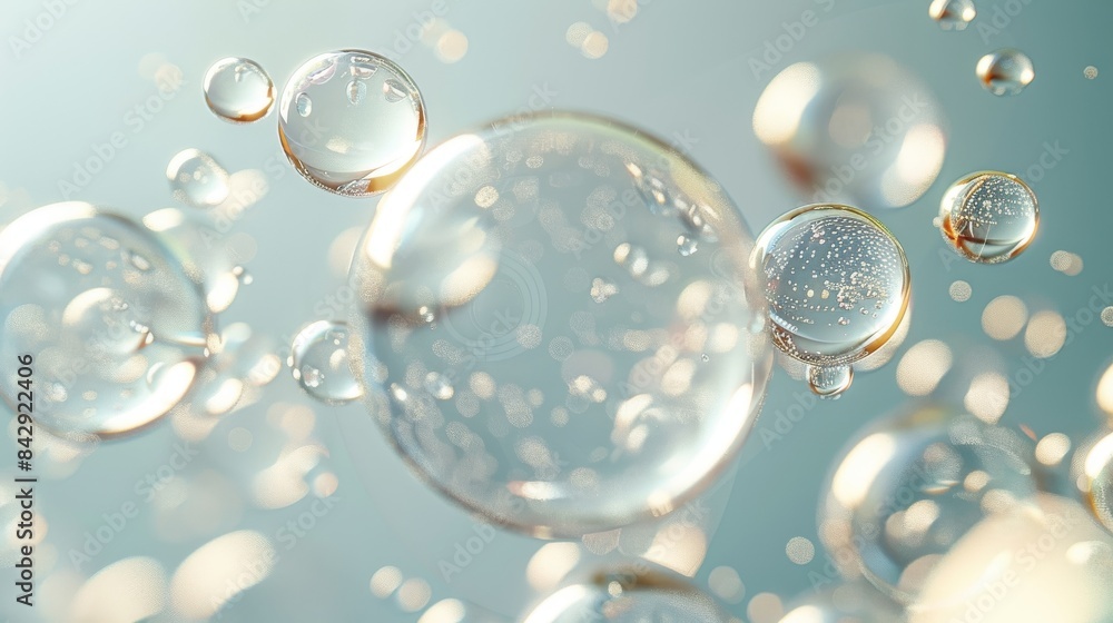 Poster macro shot of various sized bubbles floating above a reflective surface, with a focus on clarity and