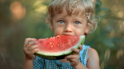 A child eats watermelon