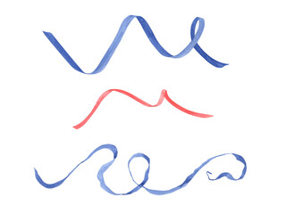 Two long simple ribbons. Blue ribbon with white dots. Watercolor illustration of tinsel. Design element for decorating gifts, flower bouquets, cards, congratulations. Birthday, Xmas, party