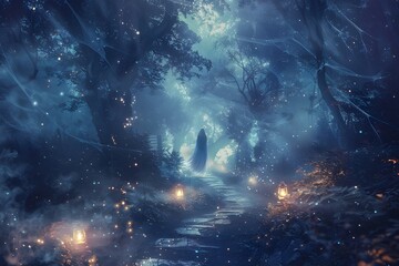 A spooky forest path bathed in moonlight, with flickering lanterns, cobwebs draped between trees, and a ghostly figure vanishing into the shadows