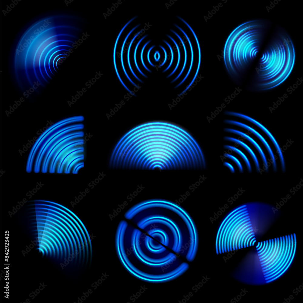 Poster wifi light effect. internet router wifi blue neon radial waves. sound scan glowing signal. cellphone
