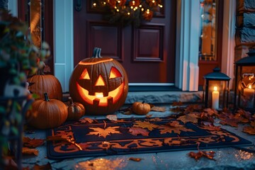 Obraz premium A photo of a decorated front porch with a spooky doormat, a glowing pumpkin, and a Halloween wreath, creating a welcoming and festive atmosphere