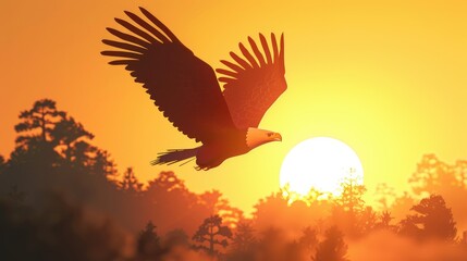 Obraz premium Playful cartoon eagle soaring above the treetops, with a radiant sun and clear sky creating a joyful atmosphere.