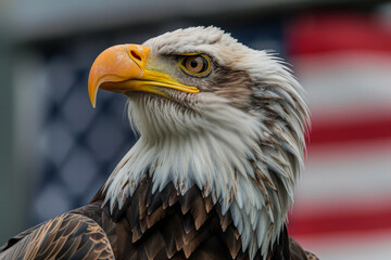 Naklejka premium Close-up of a bald eagle's head in profile with sharp beak and piercing eyes against a blurred American flag background