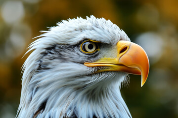 Close-up of a bald eagle's head with sharp beak and piercing eyes, detailed feathers, green blurred background
