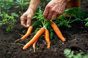 Close-up of a gardener's hands pulling fresh carrots from the soil in a vibrant vegetable garden.