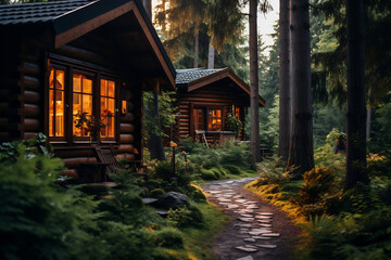 Log cabin in the woods with pathway