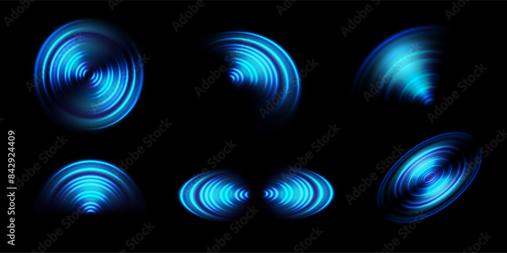 Poster sonar sound wave. round light neon effect waves, concentric circle signal of radio station, wi fi se