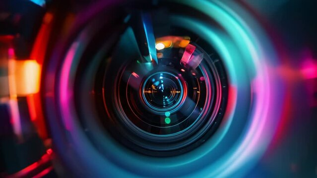 Photo objective with camera lens reflections. Close up on a modern optical photographic lens. Equipment for photography and video filming сloseup.