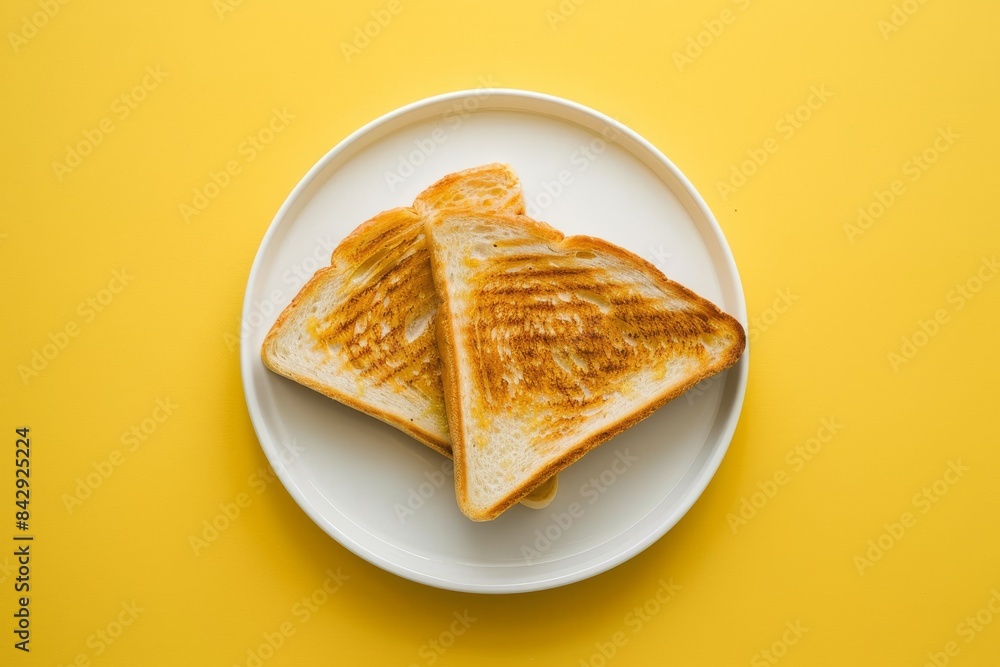 Wall mural Golden-Brown Grilled Cheese Sandwiches on a White Plate Against a Vibrant Yellow Background - Wall murals
