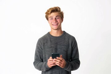 Happy caucasian young man using smart phone cellphone for calls, social media, mobile application online isolated in white background