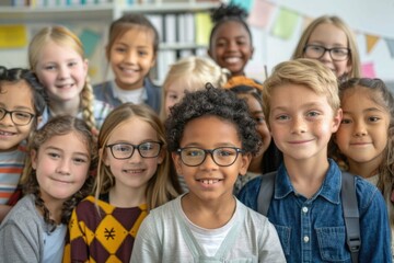 Happy diverse junior school students children group looking at camera standing in classroom. Smiling multiethnic cool kids boys and girls friends posing for group portrait together.