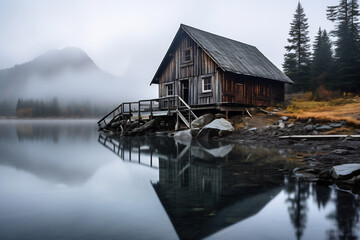 Obraz premium Cabin by lake shore