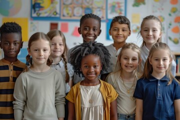 Happy diverse junior school students children group looking at camera standing in classroom. Smiling multiethnic cool kids boys and girls friends posing for group portrait together.