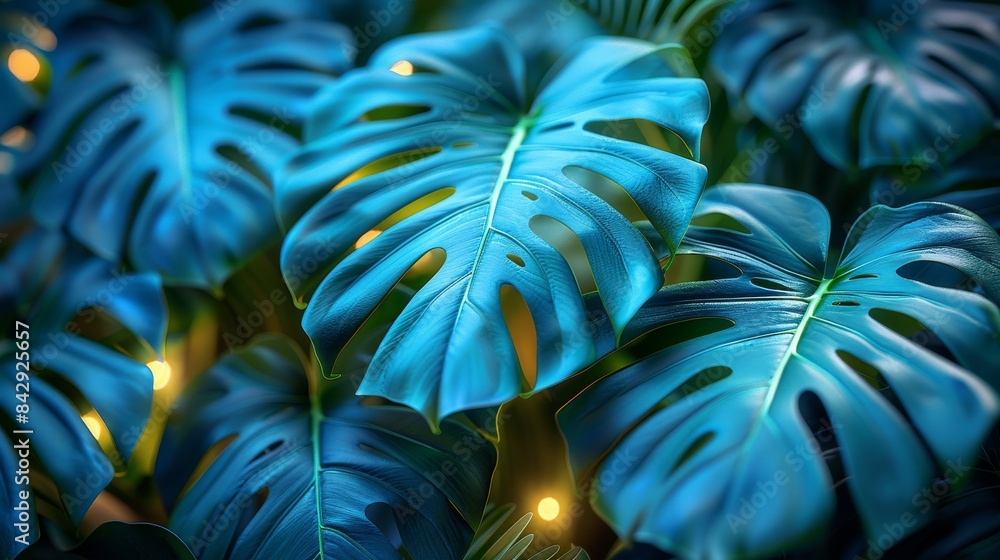 Poster Artistic representation of teal monstera leaves with soft lighting, creating an enchanting and mysterious ambiance