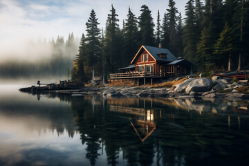 Cabin on a lake surrounded by trees