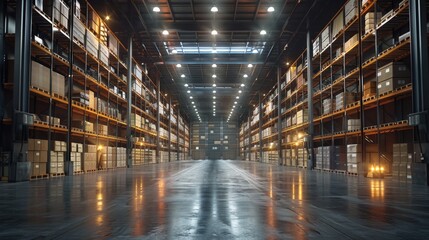 Fototapeta premium A wide-angle shot of a spacious and empty modern warehouse interior with high shelves and boxes