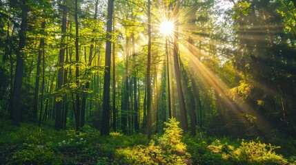 Scenic forest with sunlight breaking through the treetops, casting a warm glow. Space for text along the right side of the image