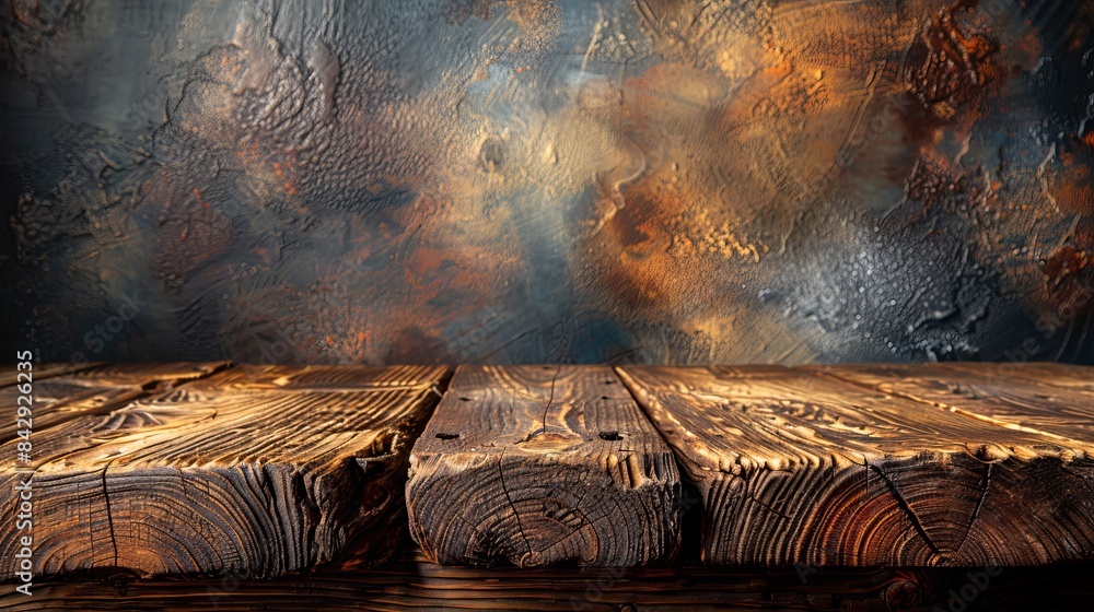 Poster artistic image showcasing a detailed wooden surface in front of an abstract cloudy background