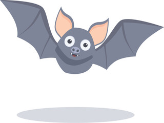 Friendly and smiling cartoon bat with big eyes is flapping its wings and flying