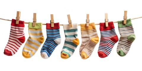 Cotton socks hanging on rope against white background