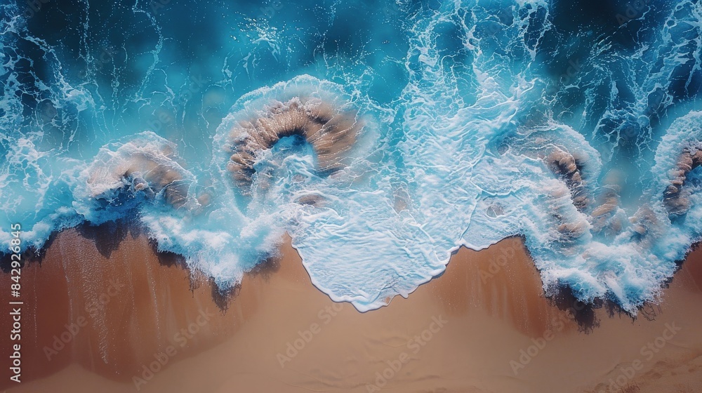 Poster Aerial beach view showing distinctive circular rock formations with the waves crashing against them
