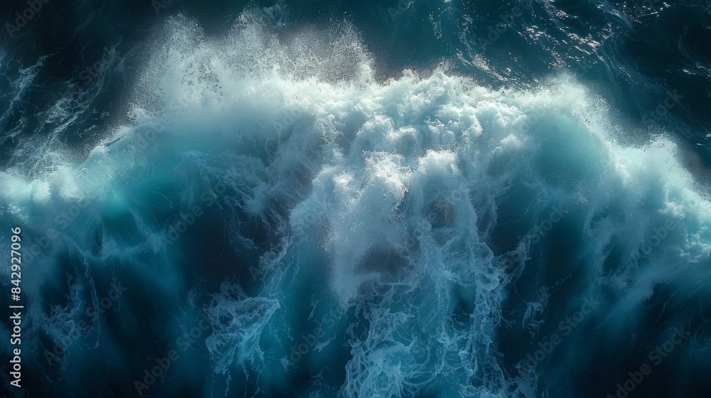Poster an aerial photograph depicting the raw power of the ocean as frothy waves collide, creating a dynami