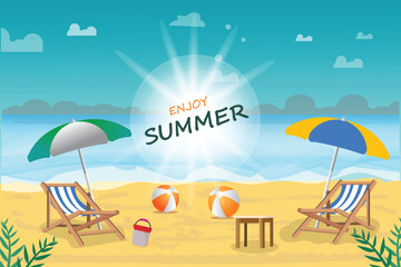 Summer season vector design. Hello summer typography text with tropical holiday elements in sand beach background for fun and enjoy outdoor day vacation. Vector illustration.