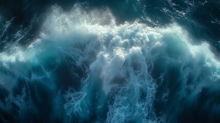 An aerial photograph depicting the raw power of the ocean as frothy waves collide, creating a dynamic and textured seascape