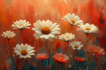 A digital illustration depicting white daisies with yellow centers against an orange background