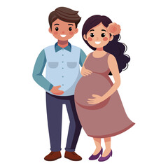 A man and a pregnant woman are standing together, smiling happily