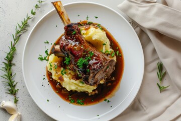 A Delectable Dinner of Braised Lamb Shank Served With Creamy Mashed Potatoes and Rich Gravy