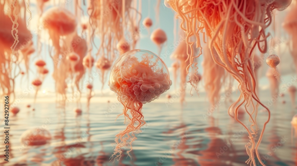 Poster featuring futuristic, intertwining organisms with biomorphic biological forms that seamlessly flow i