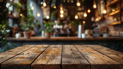 Defocused image of a coffee shop interior with wooden table foreground hinting leisure and ease